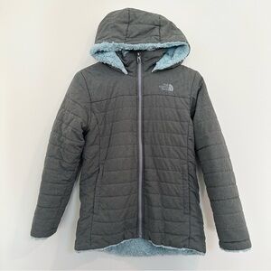 The North Face Teen Lined Parka Soft Light Blue Lined Grey Hooded Coat 14 16
